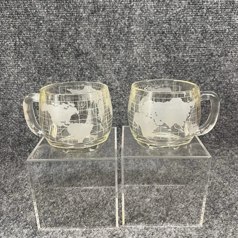 Nestle Nescafe World Map Globe Coffee Mugs Etched Glass 1970s Vintage Lot Of 2